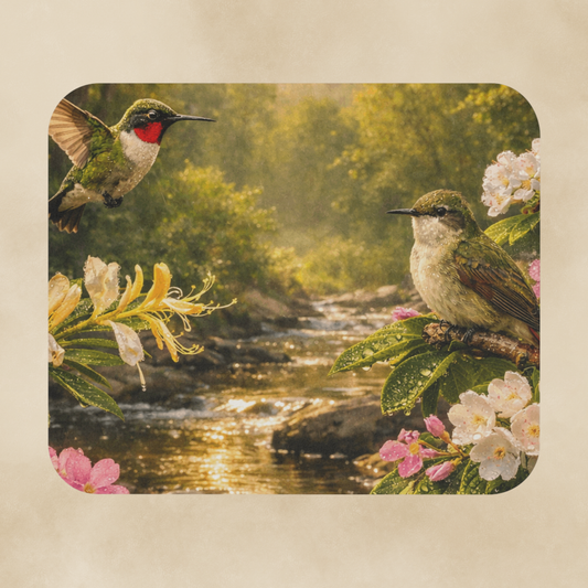 Hummingbird River Scene Mouse Pad — Floral Desk Mat for Nature Lovers