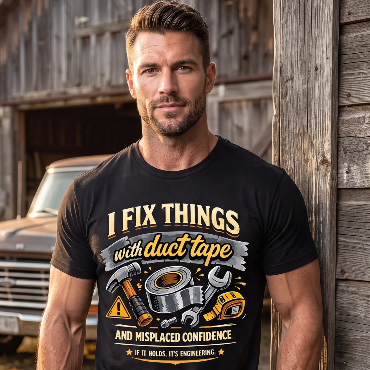 Man standing in front of old barn and truck with black t-shirt that reads'I Fix Things with Duct Tape and Misplaced Confidence.