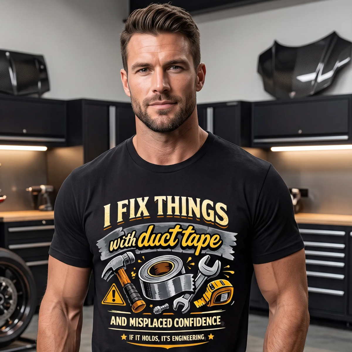 Man standing in modern garage with black t-shirt that reads'I Fix Things with Duct Tape and Misplaced Confidence.