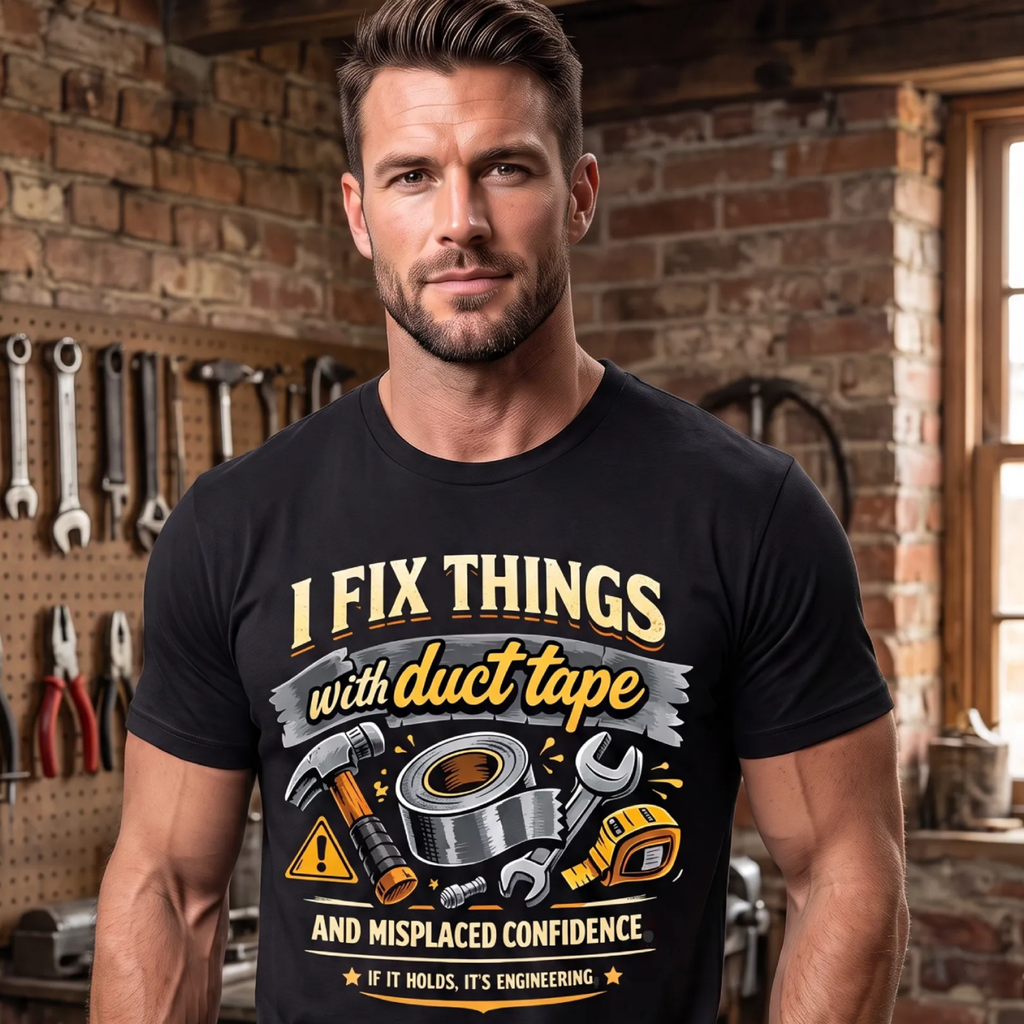 Man standing in workshop with black t-shirt that reads'I Fix Things with Duct Tape and Misplaced Confidence.