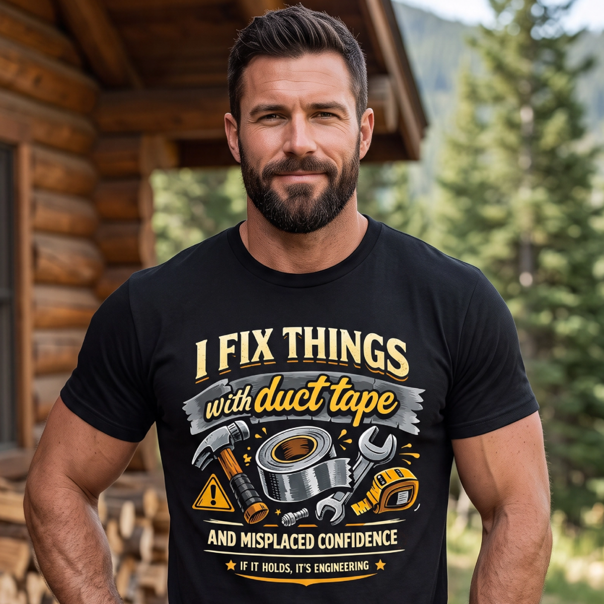 Man standing in front of blurred cabin with black t-shirt that reads'I Fix Things with Duct Tape and Misplaced Confidence.
