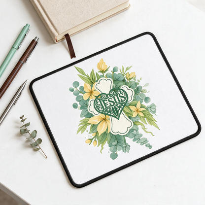 Square mouse pad with floral wreath and Jesus cross logo, black border, white center