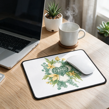 Square mouse pad with floral Jesus cross design and matching wrist rest, black trim