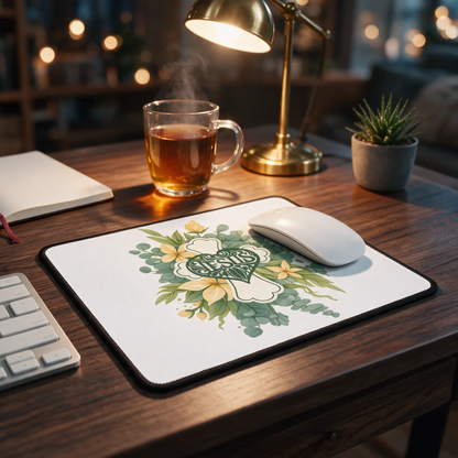 Square floral mouse pad with Jesus cross logo, white surface, black edge, white mouse