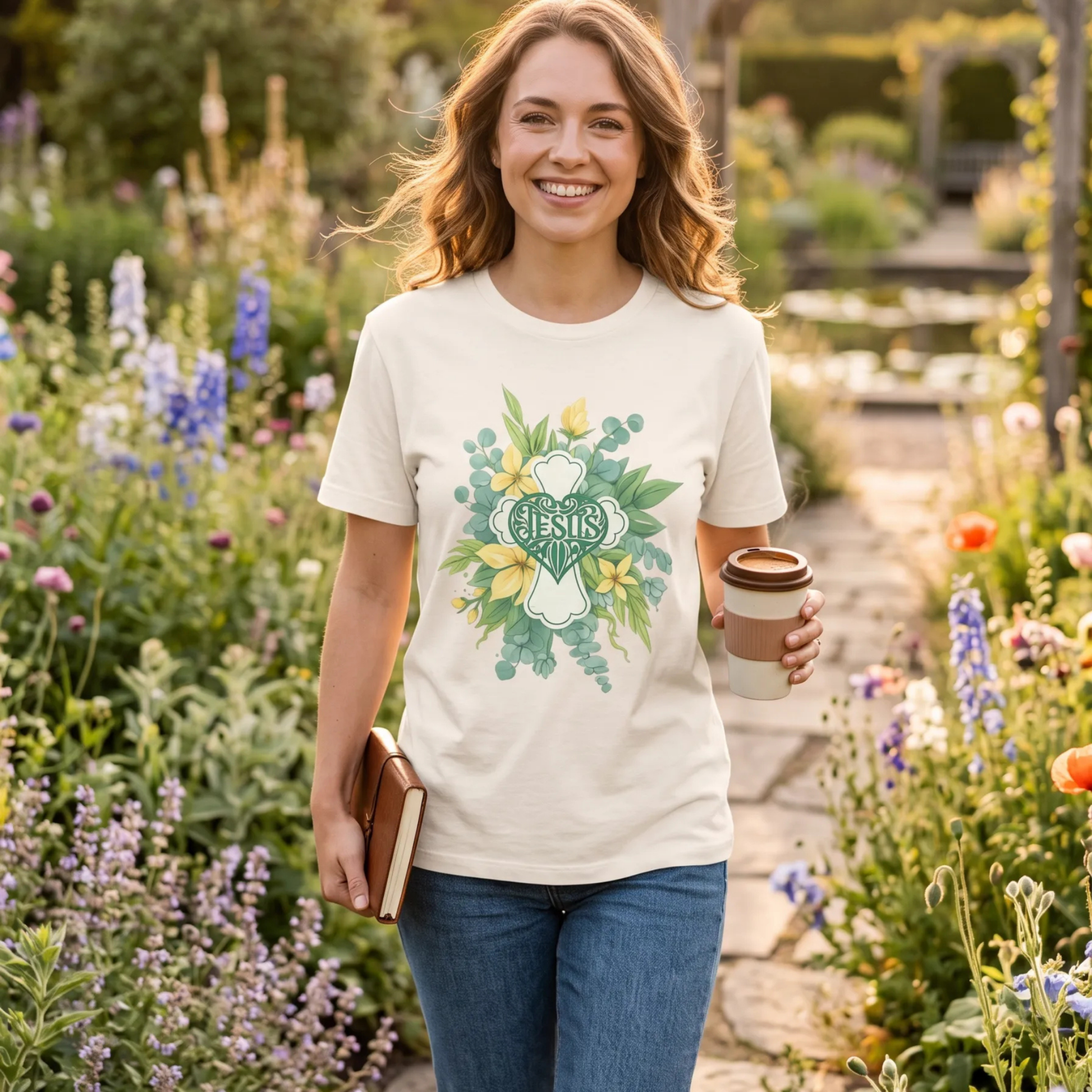 A woman stands in a sunlit garden path wearing a cream graphic T-shirt with a green and yellow floral design and the word 'JESUS' in the center, holding a coffee cup and a book.