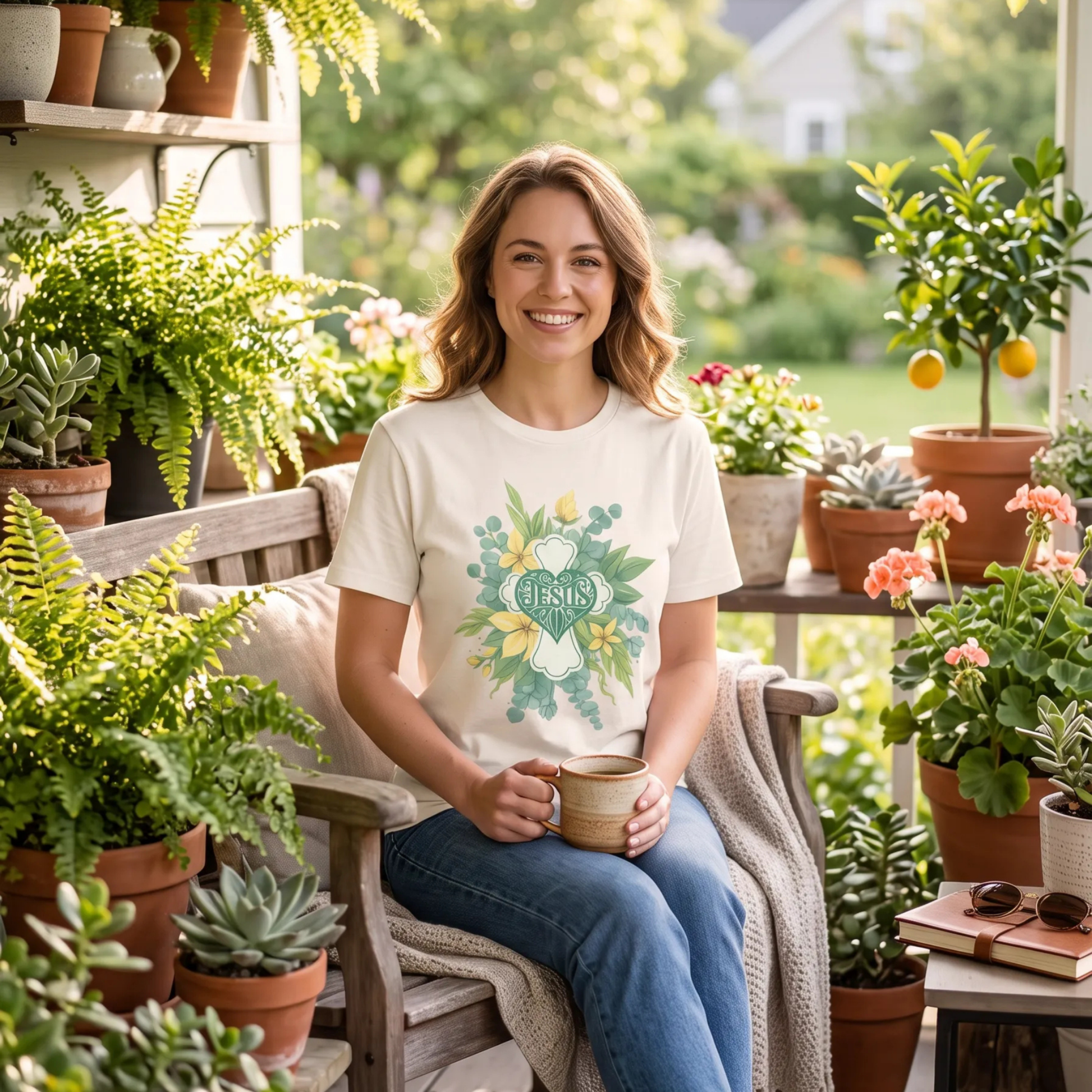 A smiling woman sits on a garden bench holding a mug, wearing a cream graphic T-shirt with a floral design and the word 'ABBY' in the center. The scene is surrounded by potted plants and a sunny outdoor garden background.