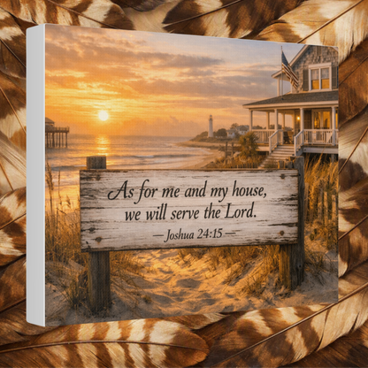 Side view of a canvas print of a beach house, pier, lighthouse, american flag and a sign reading Joshua 24:15-As for me and my house, we will serve the Lord.