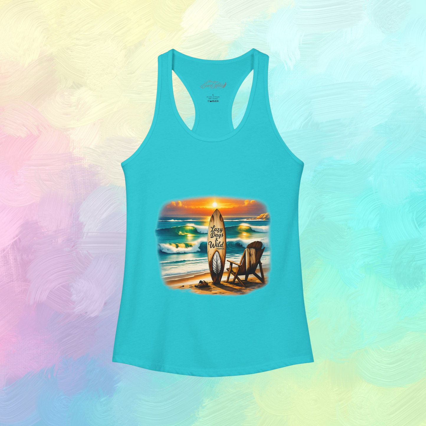 Women’s Tahiti blue racerback tank front with beach photo graphic and text.