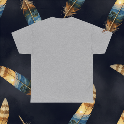 A light gray short-sleeve t-shirt is laid flat against a dark navy background decorated with illustrated feathers.