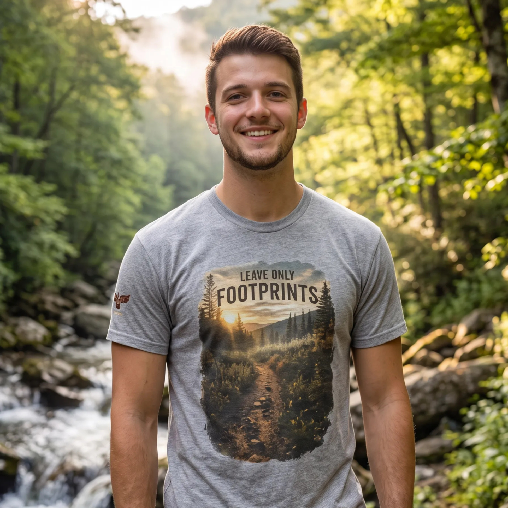 A smiling young man standing outdoors in a sunlit forest near a stream, wearing a heather gray graphic T-shirt with a large scenic print and the words 'LEAVE ONLY FOOTPRINTS' on the front.