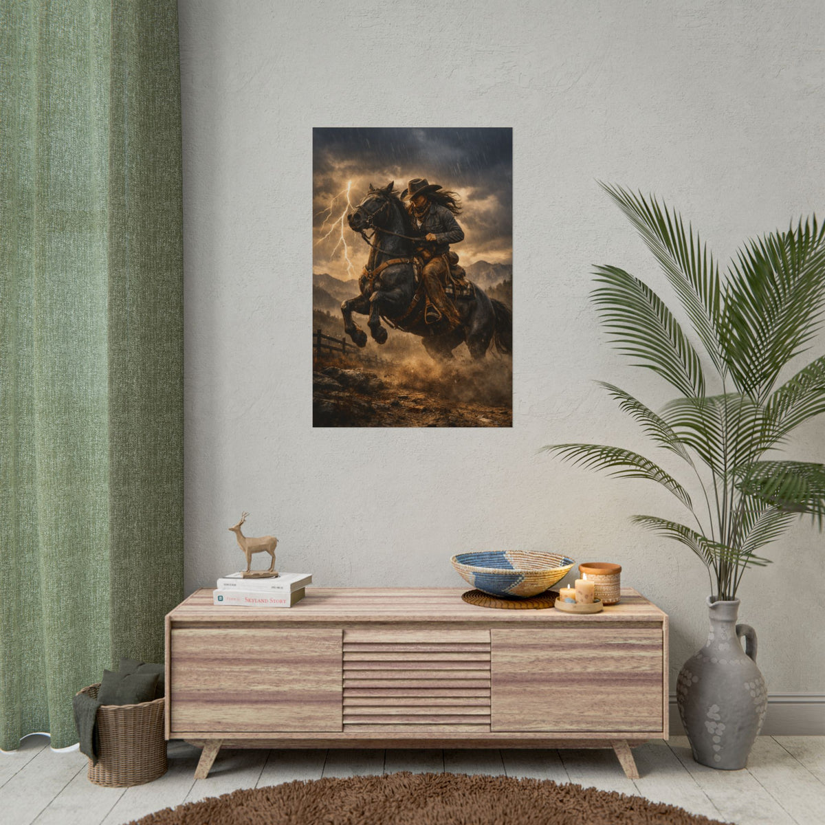 A vertical wall art print depicting a dramatic scene of a cowgirl riding a galloping horse through stormy clouds, styled in a modern living room setting above a wooden console table.