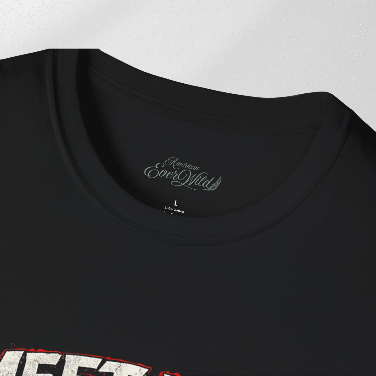 Black crewneck T-shirt with small neck logo and partial “MEET HIM” print