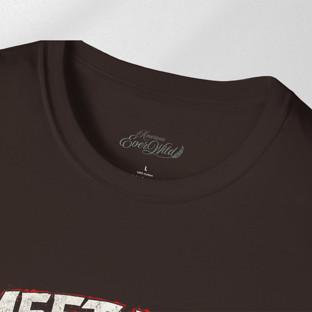 Dark brown crewneck T-shirt with small neck logo and partial graphic print