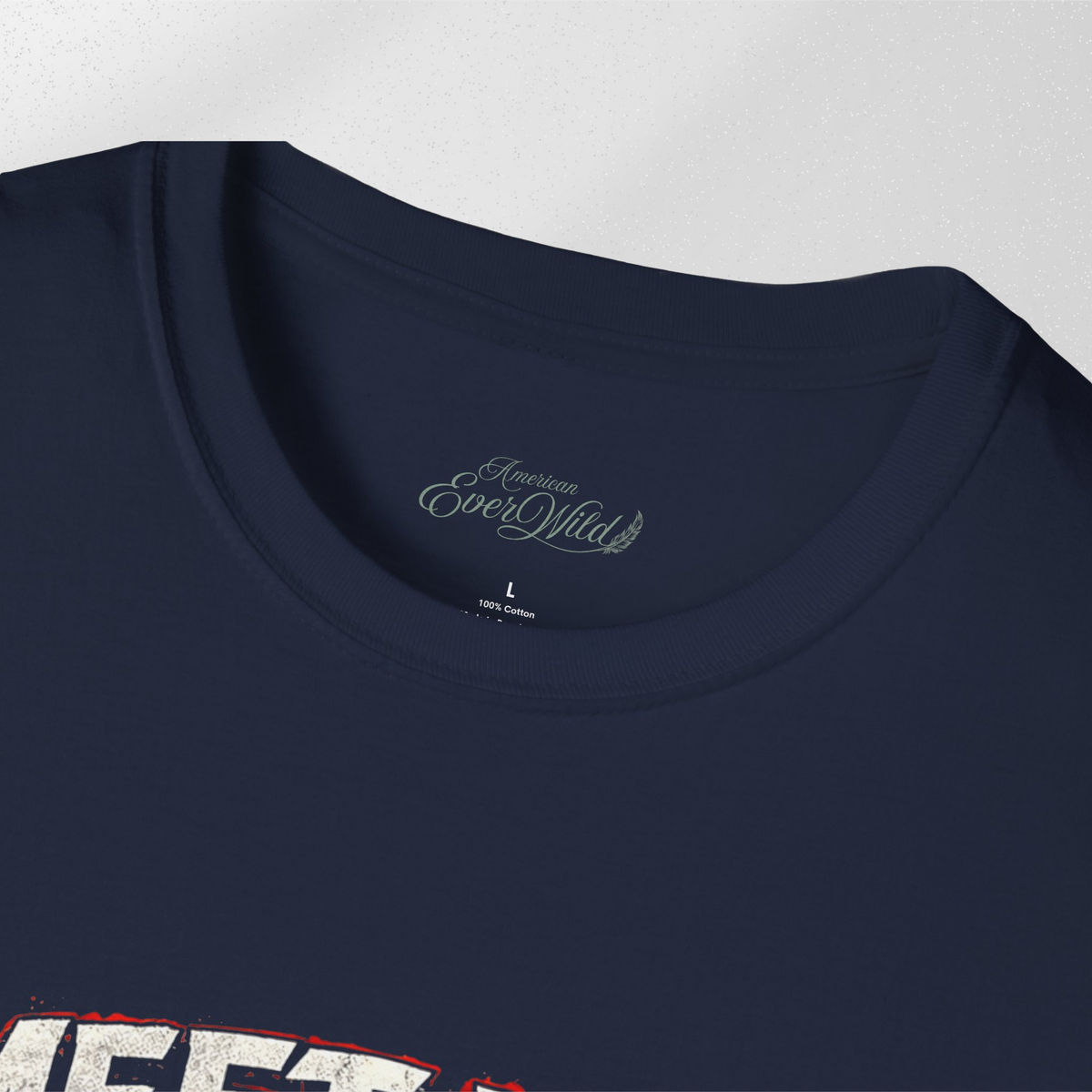Navy crewneck T-shirt with small neck logo and partial graphic print
