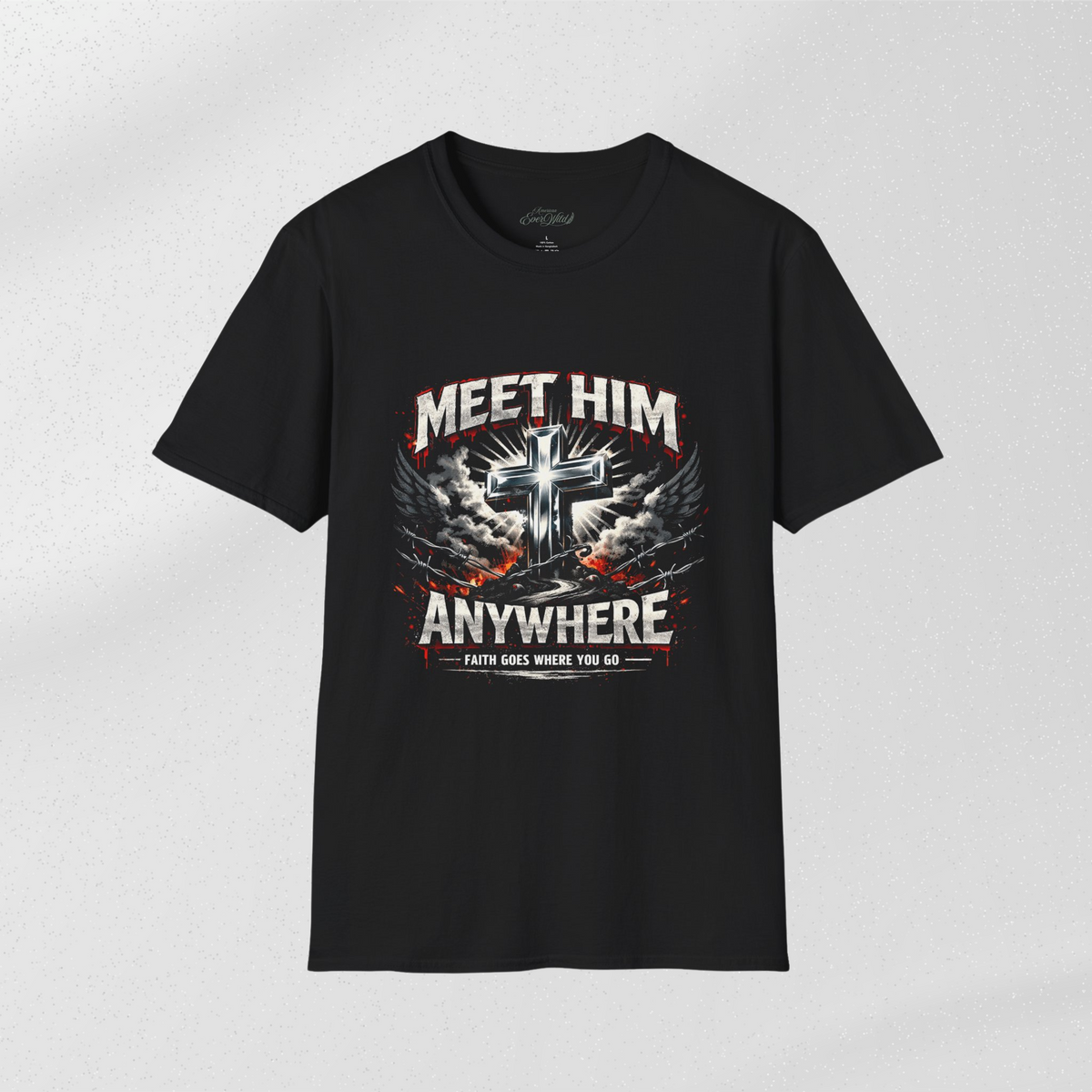 Black crewneck T-shirt with large “MEET HIM ANYWHERE” cross graphic