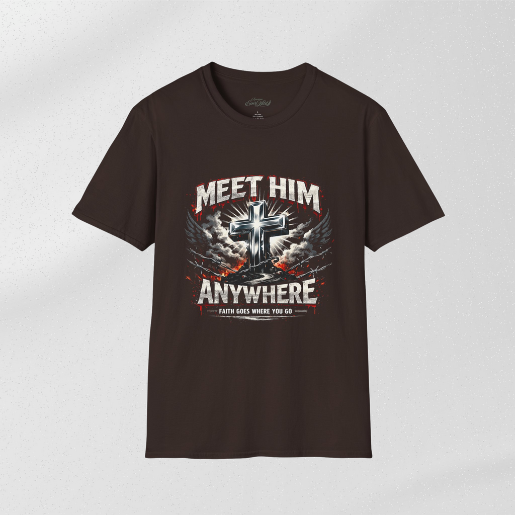 Dark brown crewneck T-shirt with “MEET HIM ANYWHERE” cross graphic
