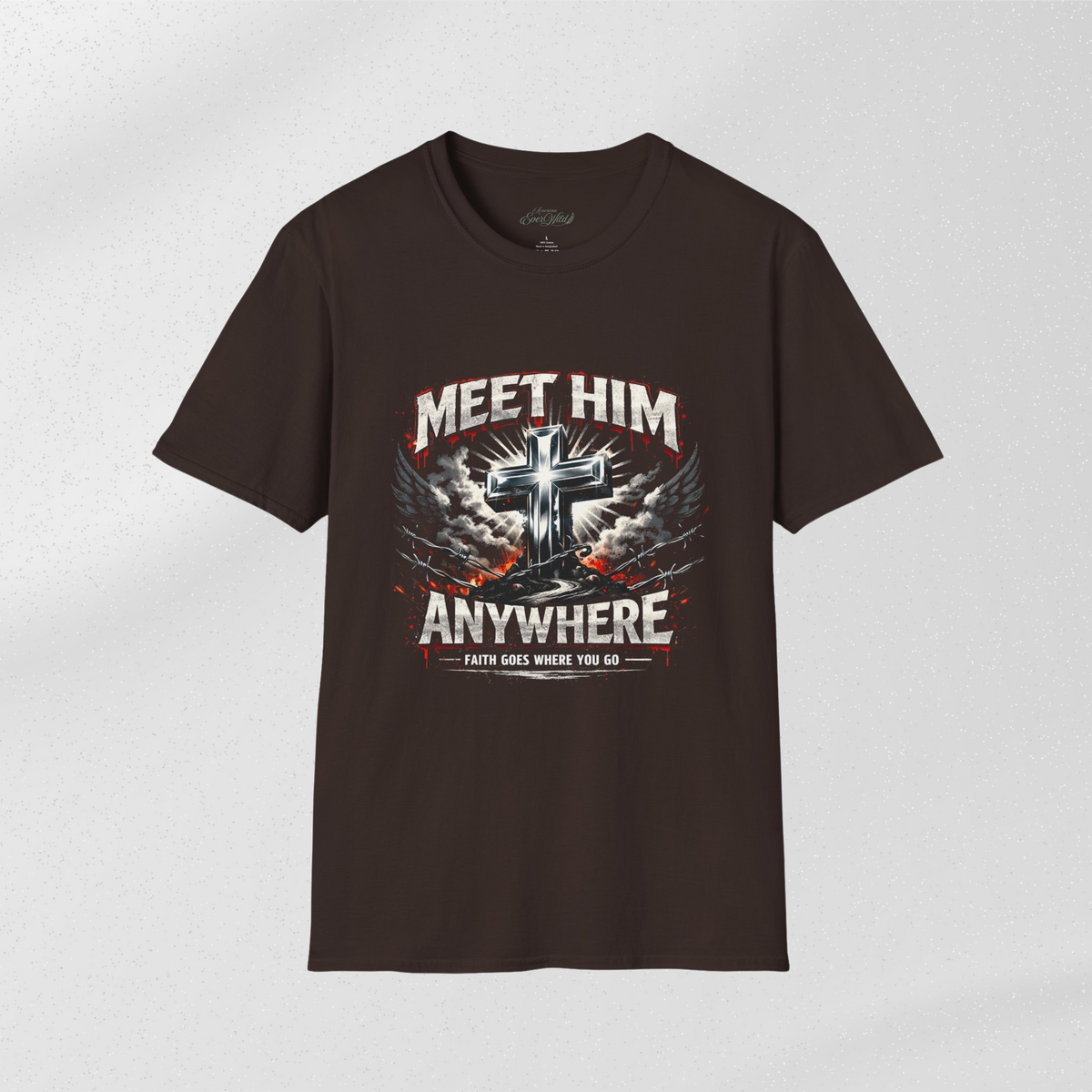 Dark brown crewneck T-shirt with “MEET HIM ANYWHERE” cross graphic