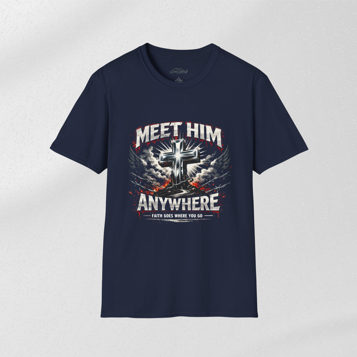Navy crewneck T-shirt with “MEET HIM ANYWHERE” cross graphic