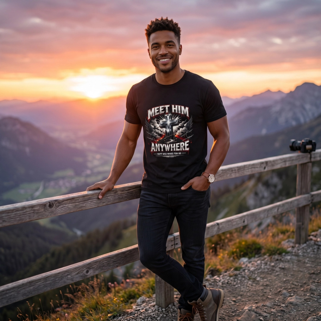 Men's black T-shirt with large cross and 'Meet Him Anywhere' chest graphic