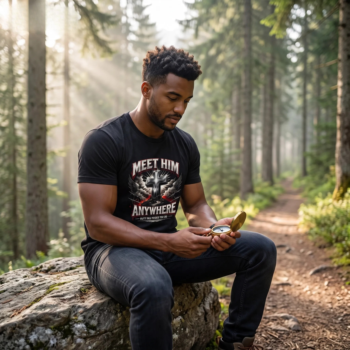 Men's black crew-neck T-shirt with cross and 'Meet Him Anywhere' chest graphic