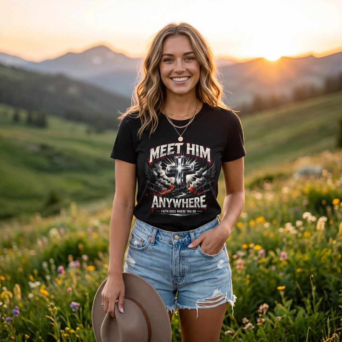 A woman stands in a grassy mountain field at sunset wearing a black graphic T-shirt with the text 'MEET HIM ANYWHERE' and distressed denim shorts, holding a brown hat.