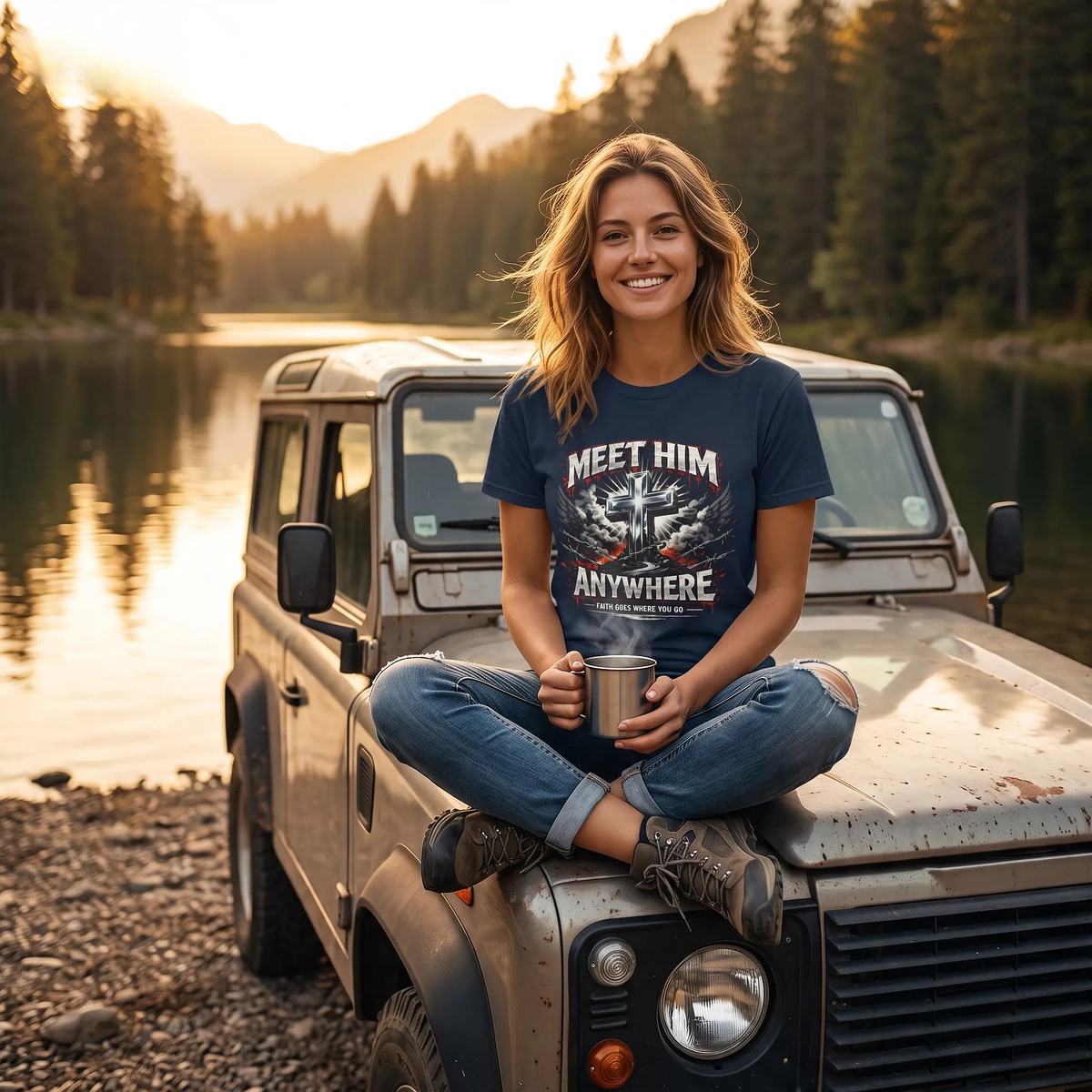 A woman sitting cross-legged on the hood of a vintage off-road vehicle by a lake at sunset, wearing a navy graphic t-shirt that reads 'MEET HIM ANYWHERE' with a mountain and barbed witr design. 