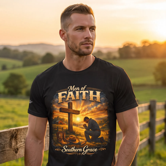 Black crew-neck T-shirt showing Faith cross and Southern Grace prayer artwork
