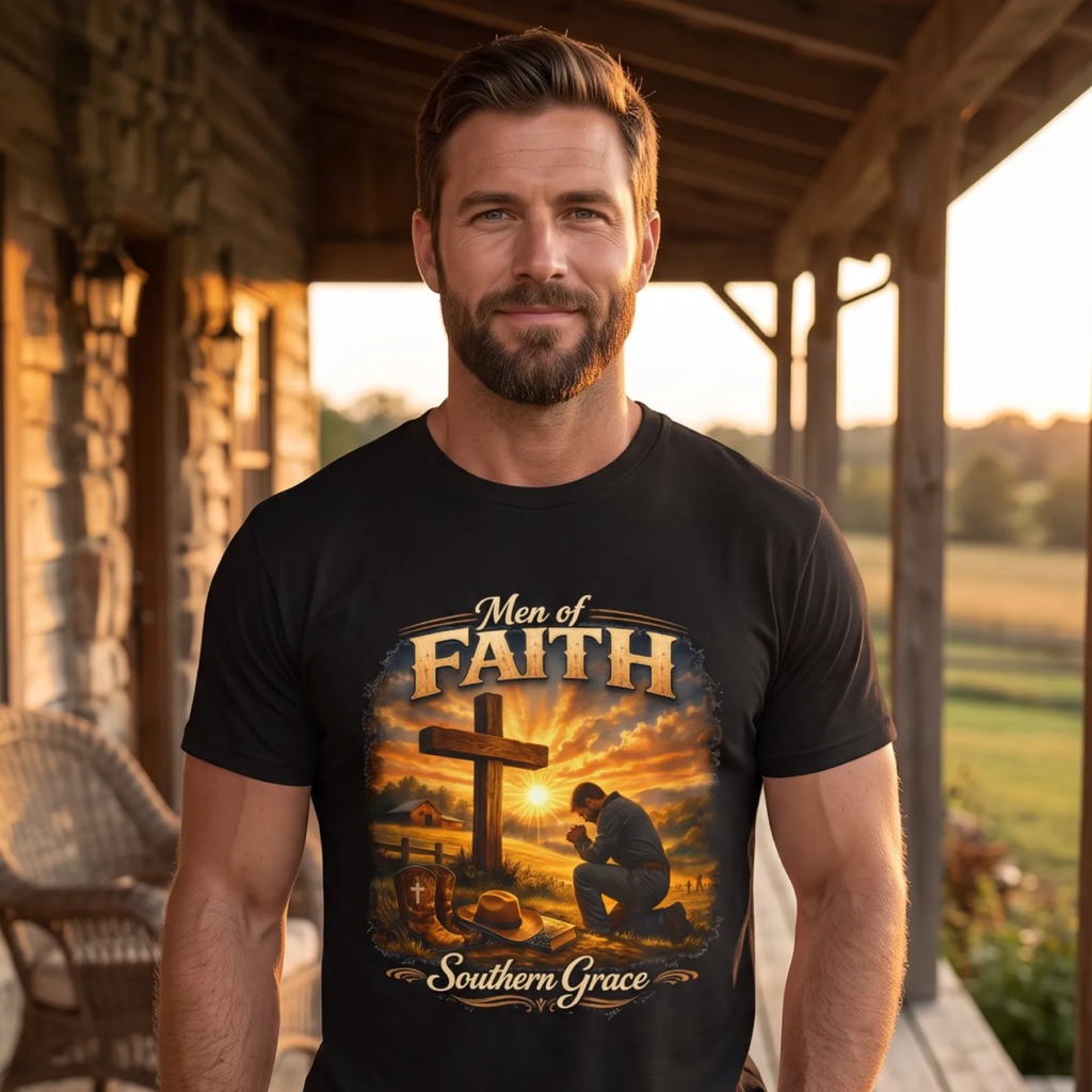 A man wearing a black graphic t-shirt with a Christian-themed print that reads 'Men of Faith Southern Grace' and shows a kneeling figure by a cross at sunset, standing on a wooden porch.