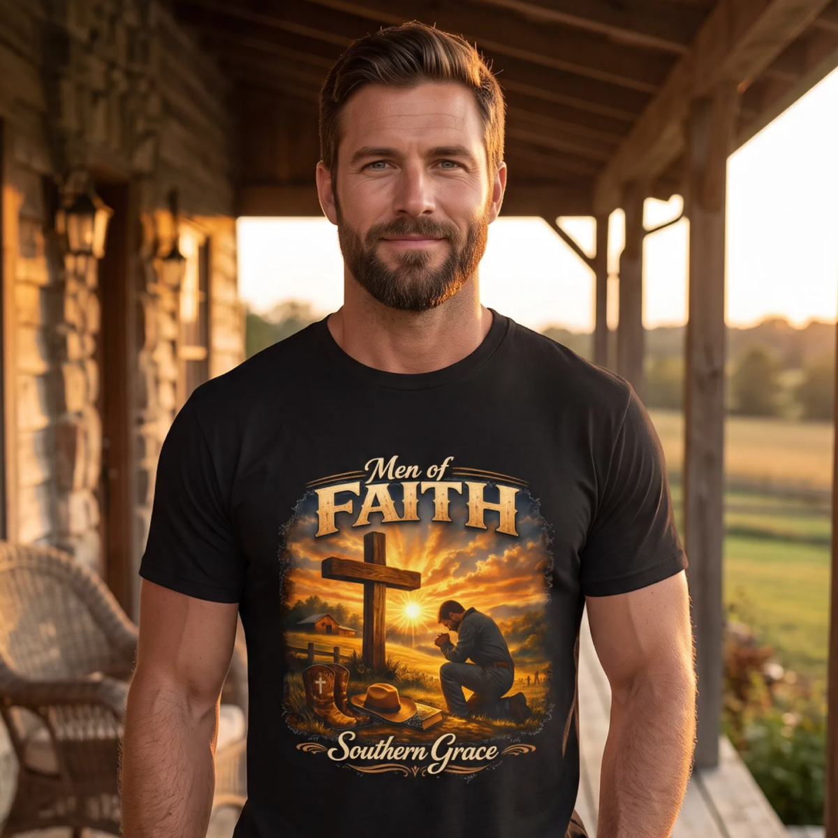 A man wearing a black graphic t-shirt with a Christian-themed print that reads 'Men of Faith Southern Grace' and shows a kneeling figure by a cross at sunset, standing on a wooden porch.