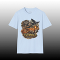 Light blue crew neck t-shirt with raccoon, raven and fox wildlife graphic