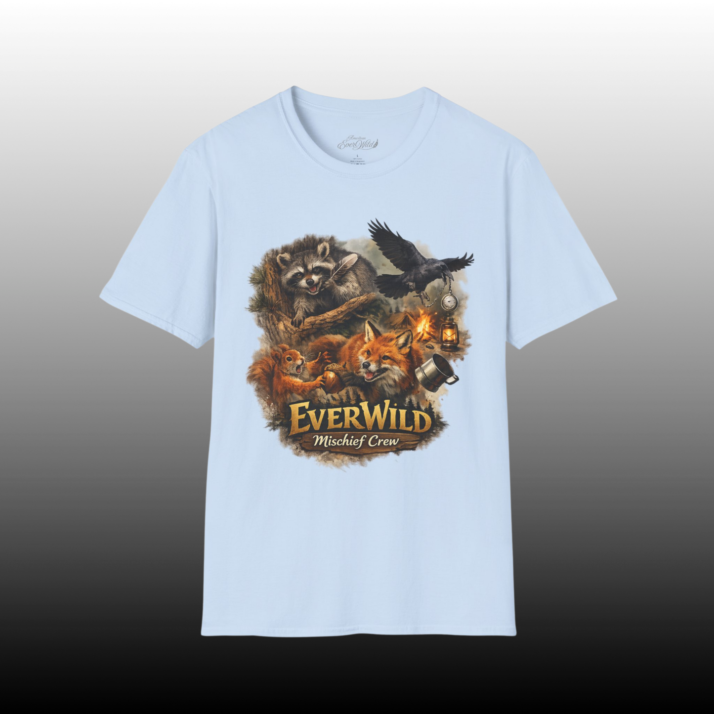 EverWild Mischief Crew T-Shirt — Raccoon, Fox & Raven Wildlife Women's Tee