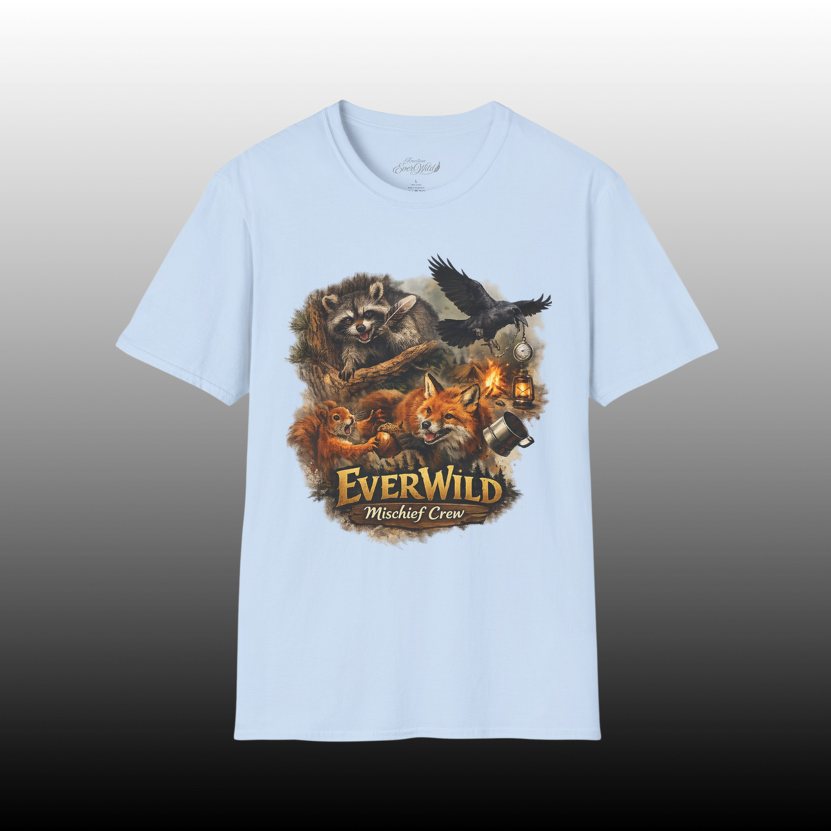 Light blue crew neck t-shirt with raccoon, raven and fox wildlife graphic