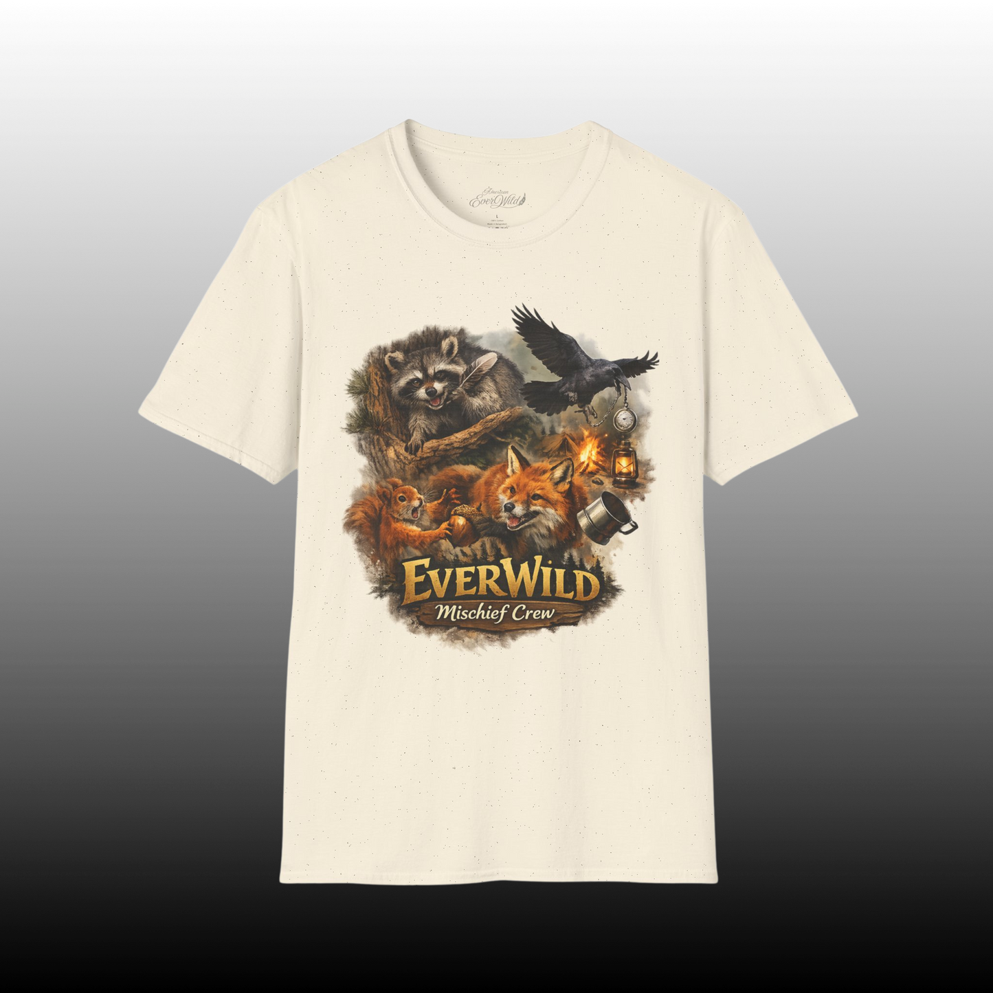 EverWild Mischief Crew T-Shirt — Raccoon, Fox & Raven Wildlife Women's Tee