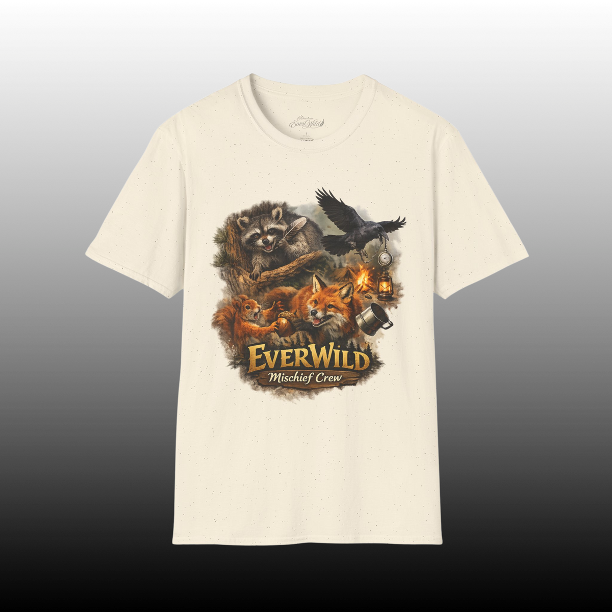 Natural crew neck t-shirt with raccoon, raven and fox wildlife graphic