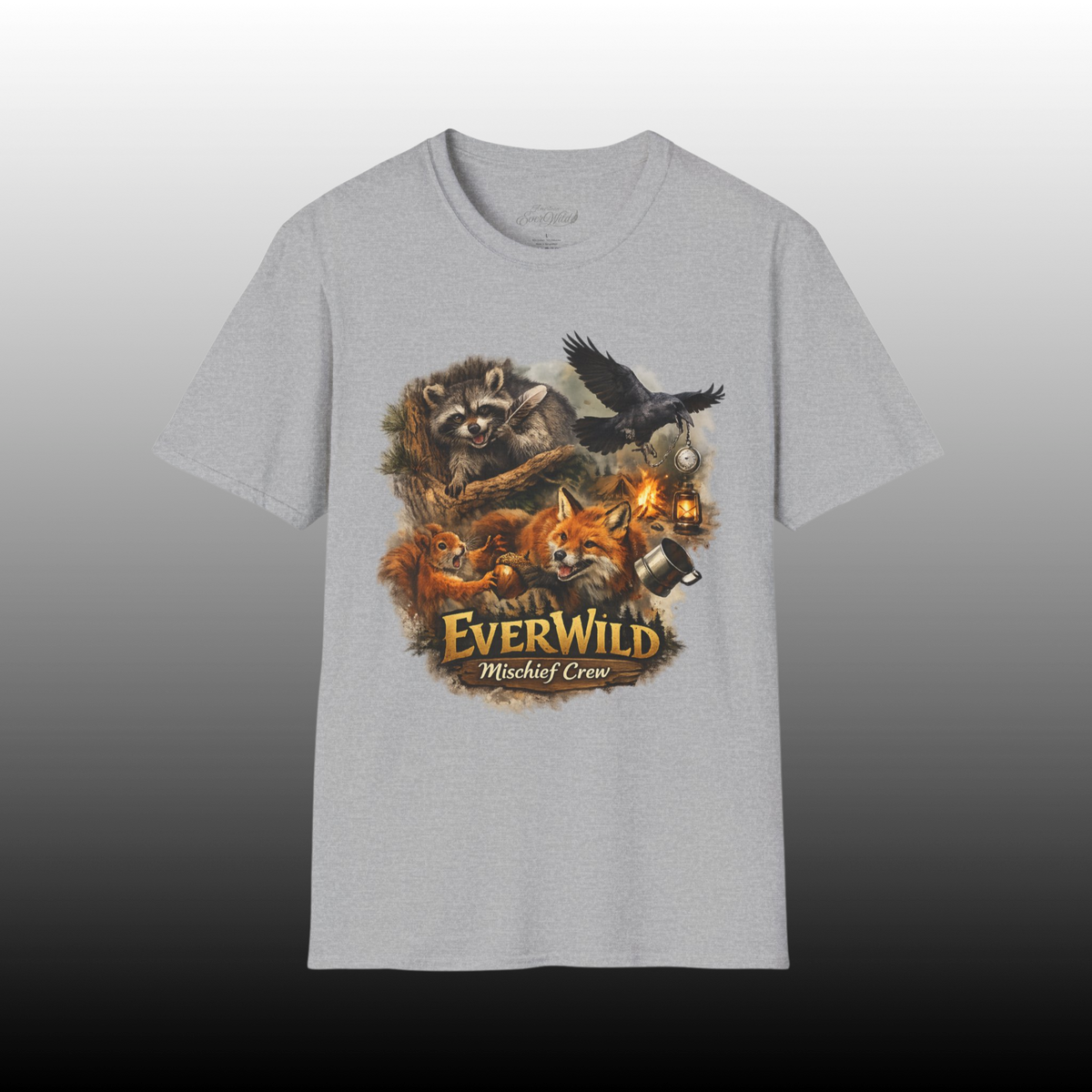 Sport grey crew neck t-shirt with raccoon, raven and fox wildlife graphic