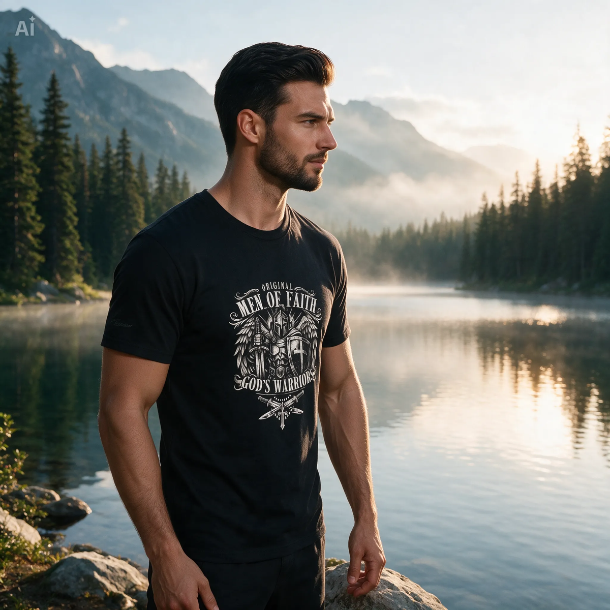 A man standing outdoors by a calm lake with misty mountains and pine trees in the background, wearing a black graphic T-shirt with a white printed text"Original Men of Faith—God's Warriors" on the front.