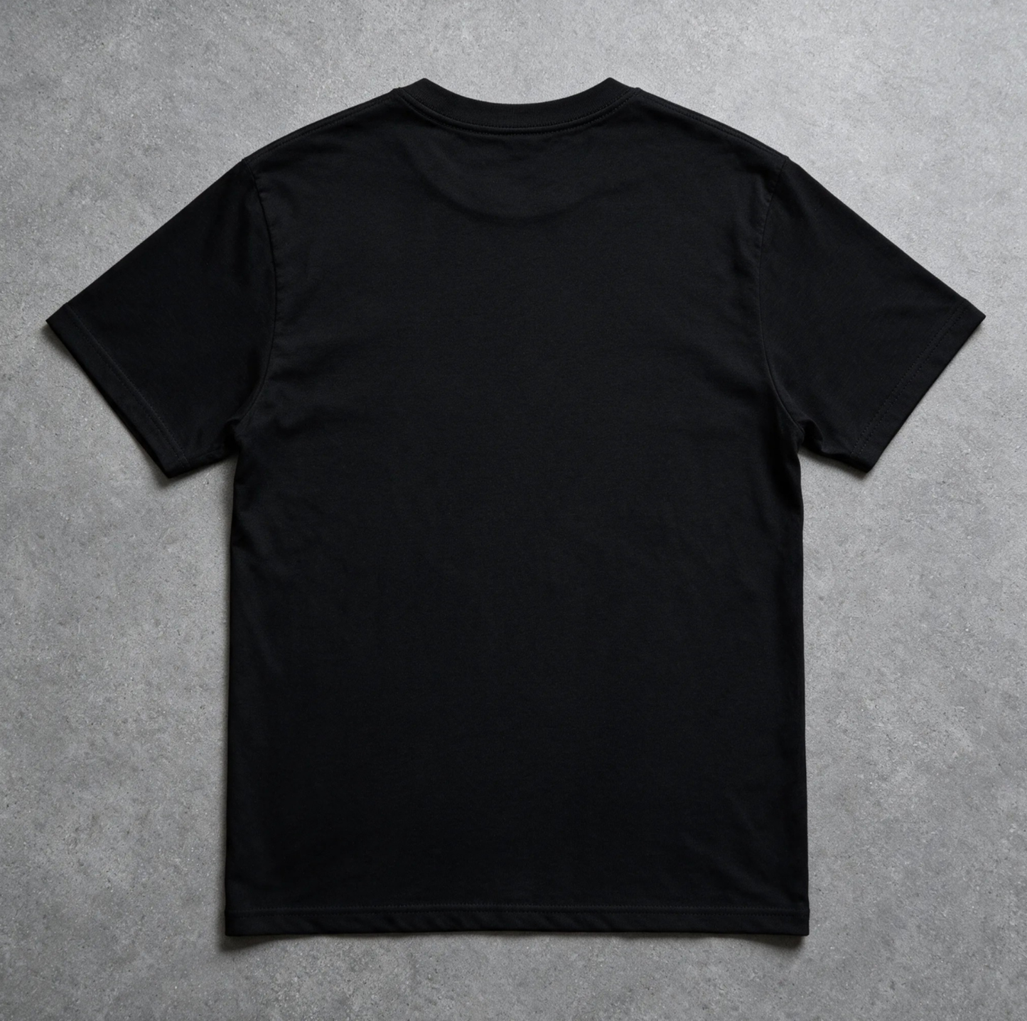 Men's black T-shirt, plain back view, short sleeves