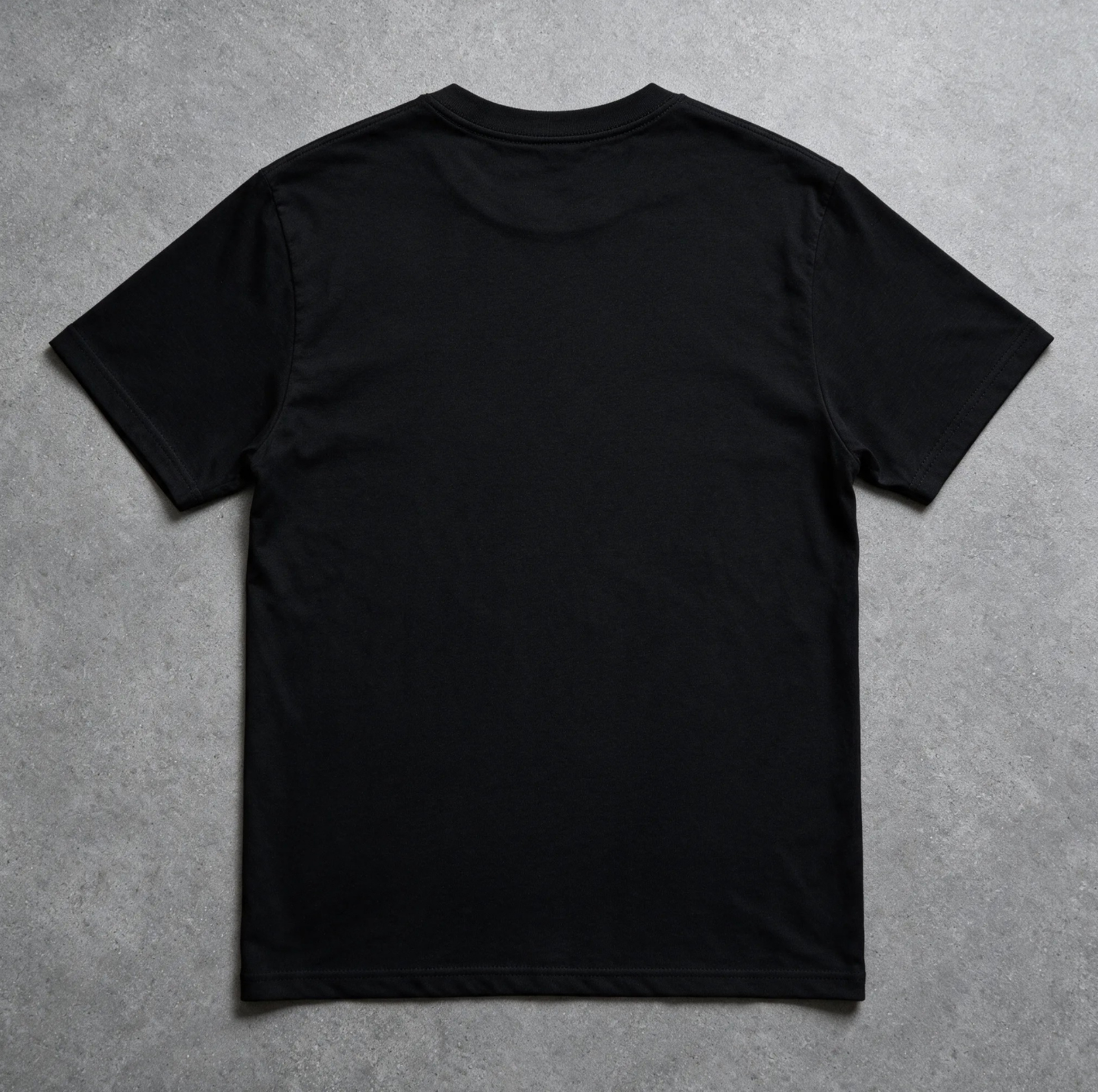 Men's black T-shirt, plain back view, short sleeves