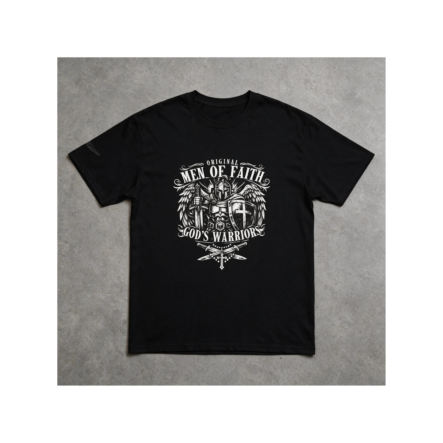 Men's black faith graphic T-shirt with chest logo and cross dagger print