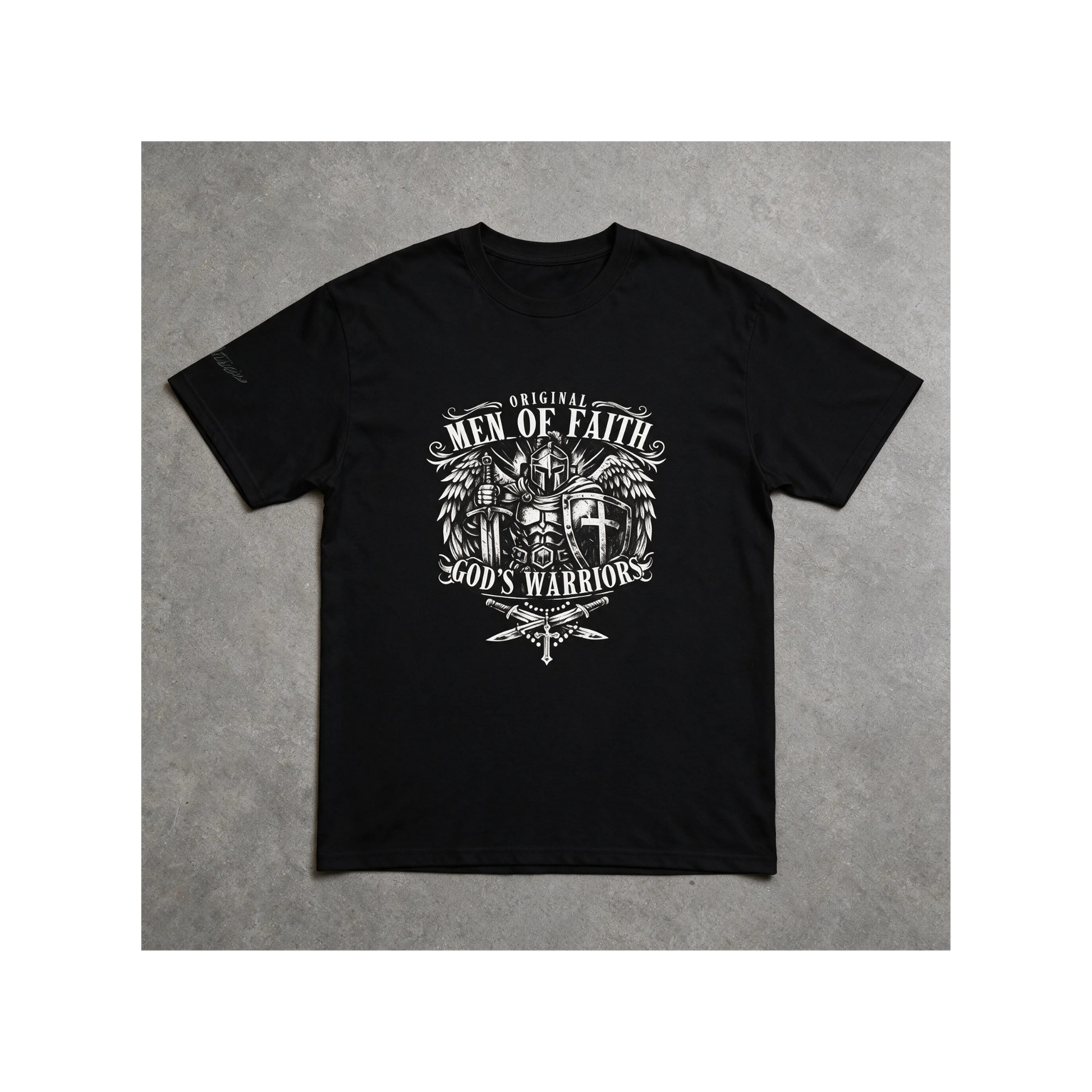 Men's black faith graphic T-shirt with chest logo and cross dagger print