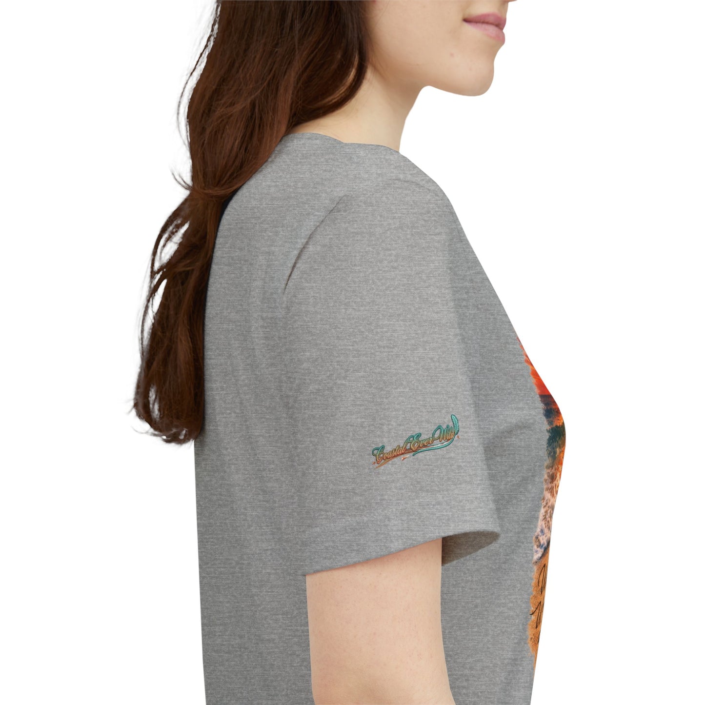 Heather gray t-shirt side view with small sleeve logo and edge of chest graphic