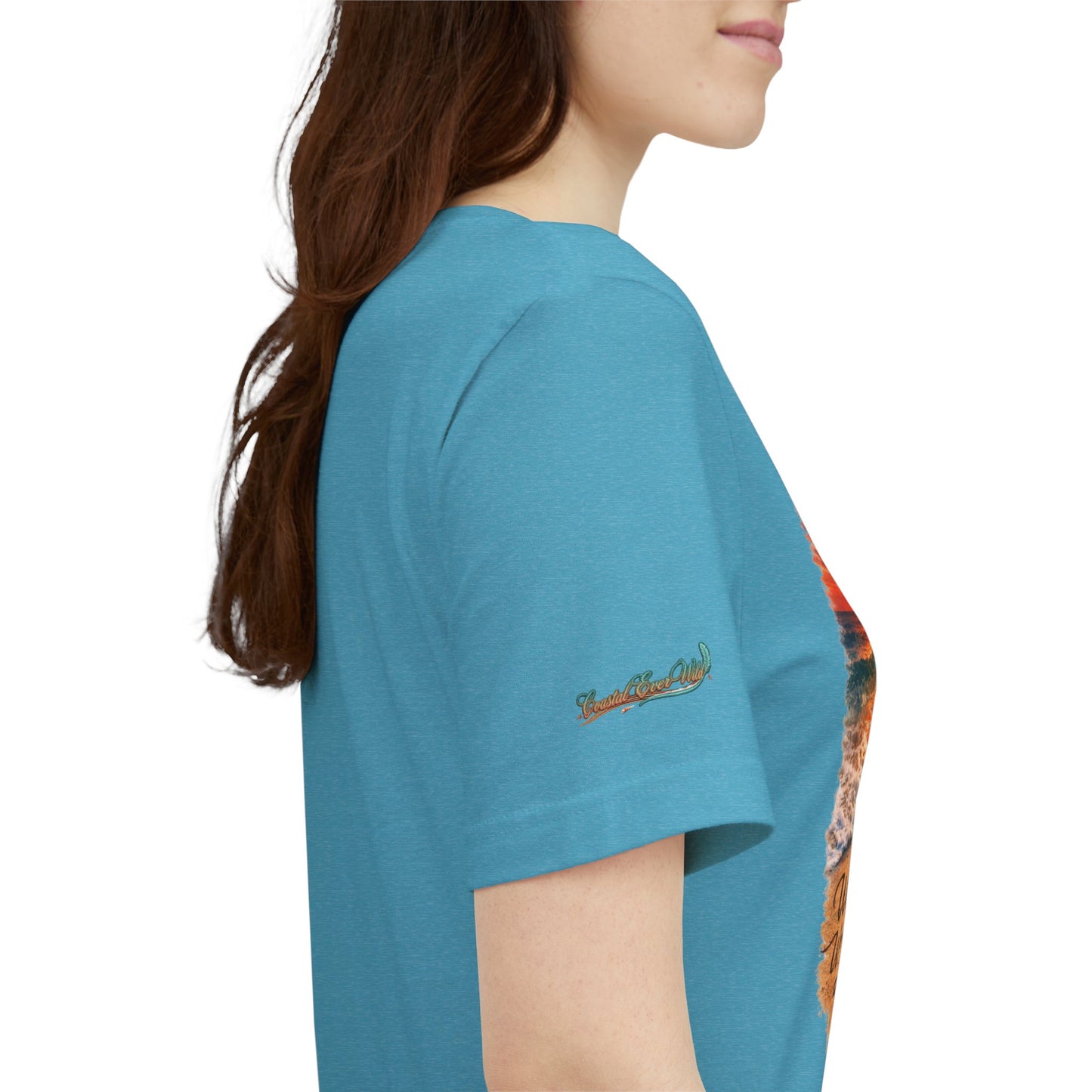 Heather aqua t-shirt side view with small sleeve logo and edge of chest graphic