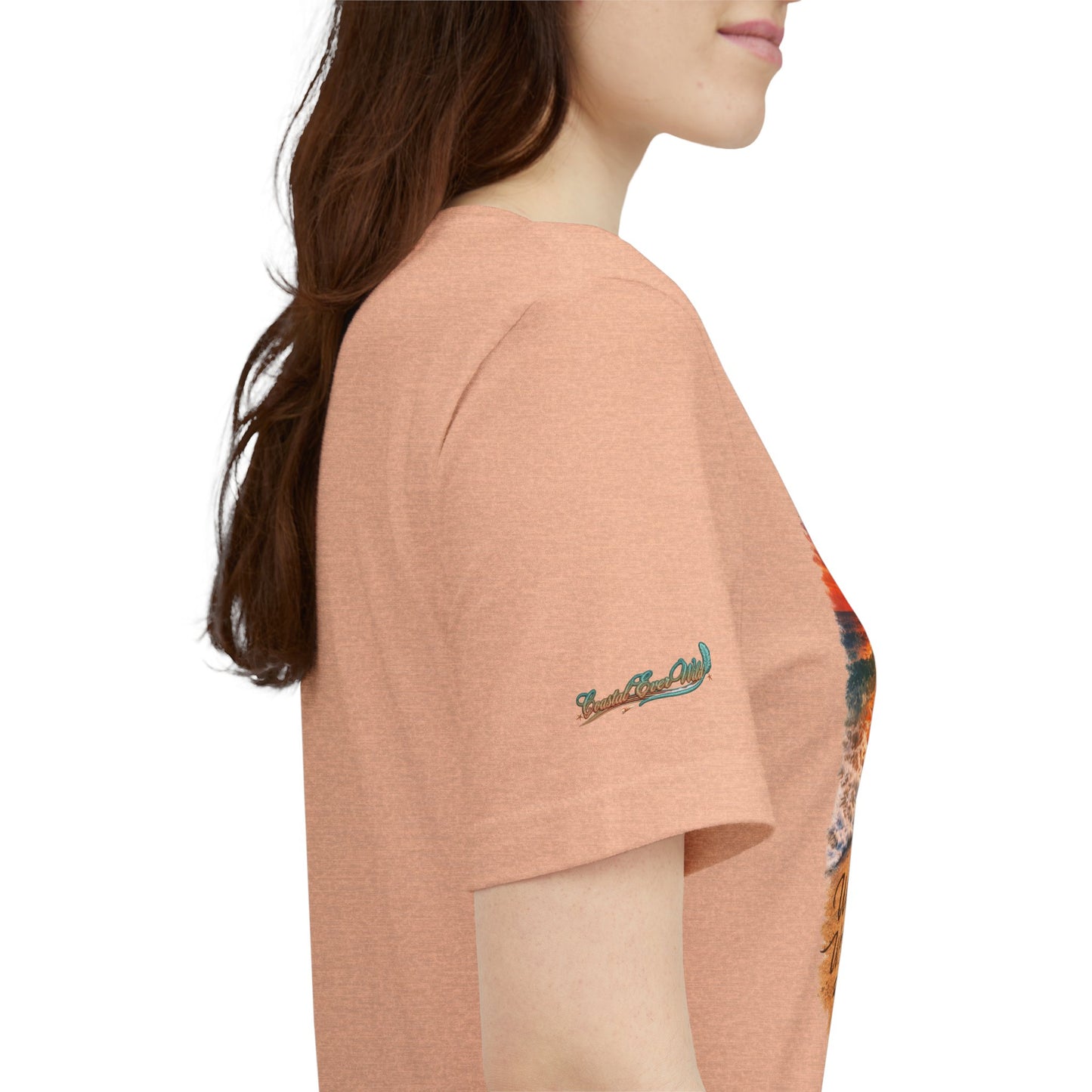 Salmon heather T-shirt with small green crocodile graphic on sleeve