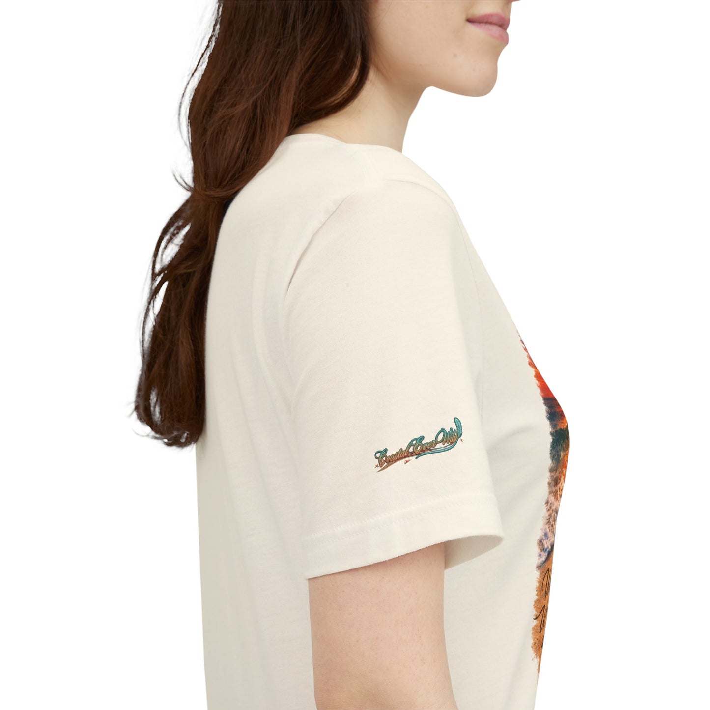 Cream heather T-shirt with small green crocodile graphic on sleeve