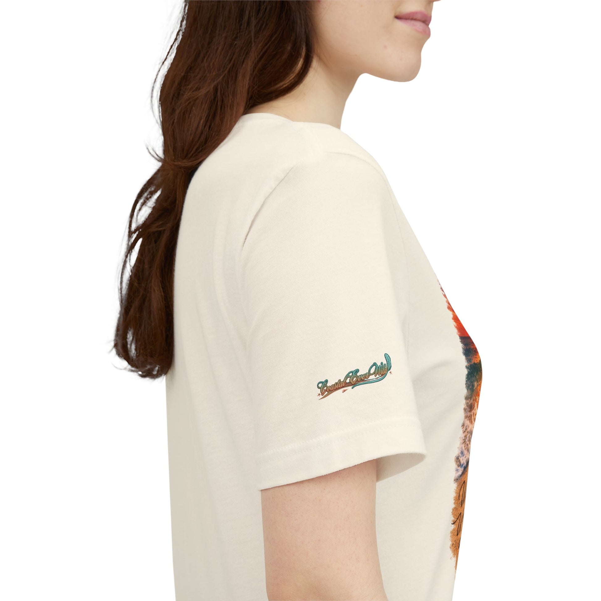 Cream heather T-shirt with small green crocodile graphic on sleeve