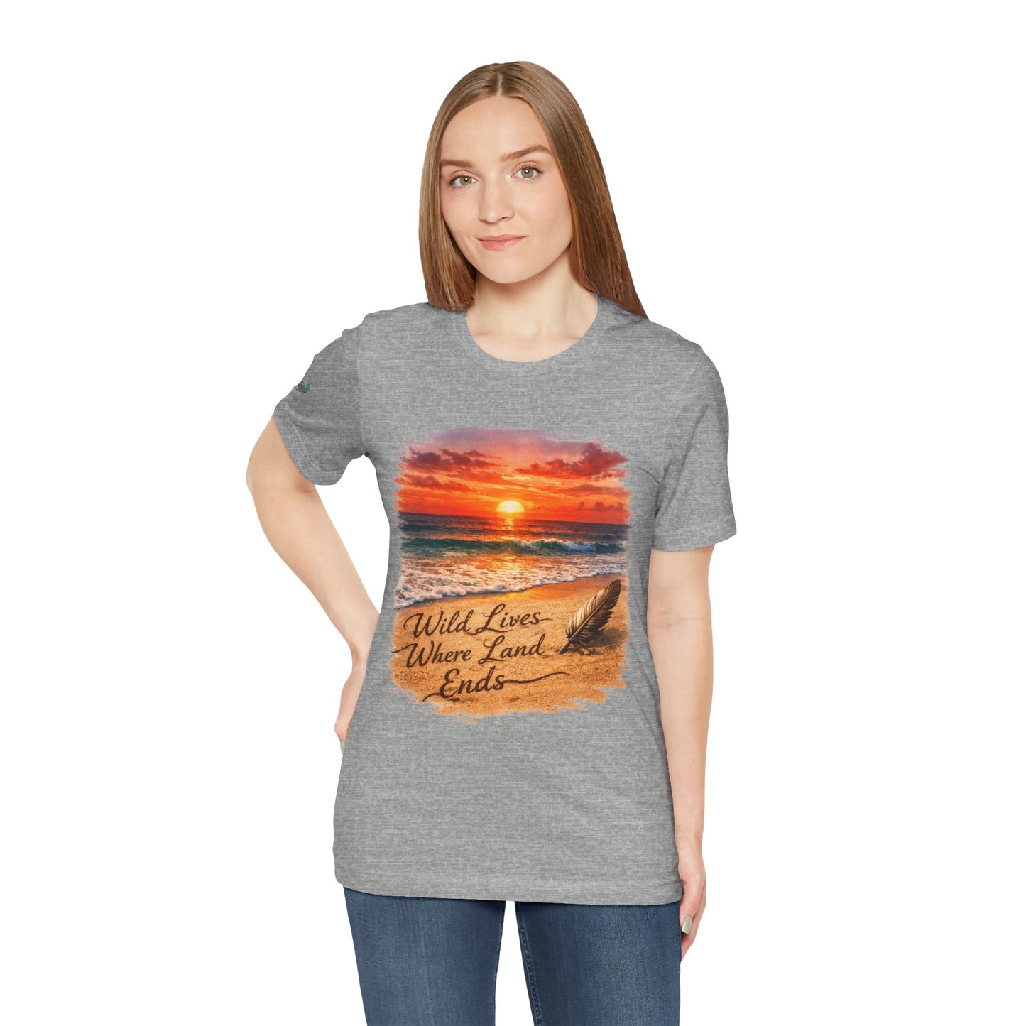 Heather gray crew-neck t-shirt with sunset beach graphic and coastal text on chest
