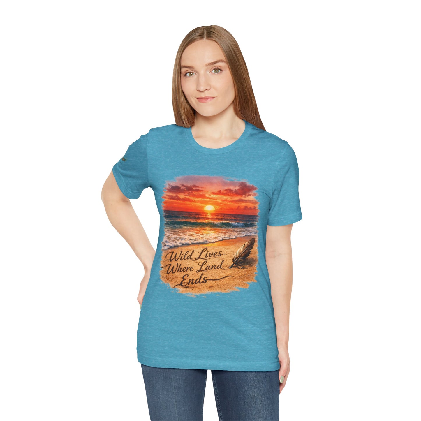 Heather aqua crew-neck t-shirt with sunset beach graphic and coastal text on chest