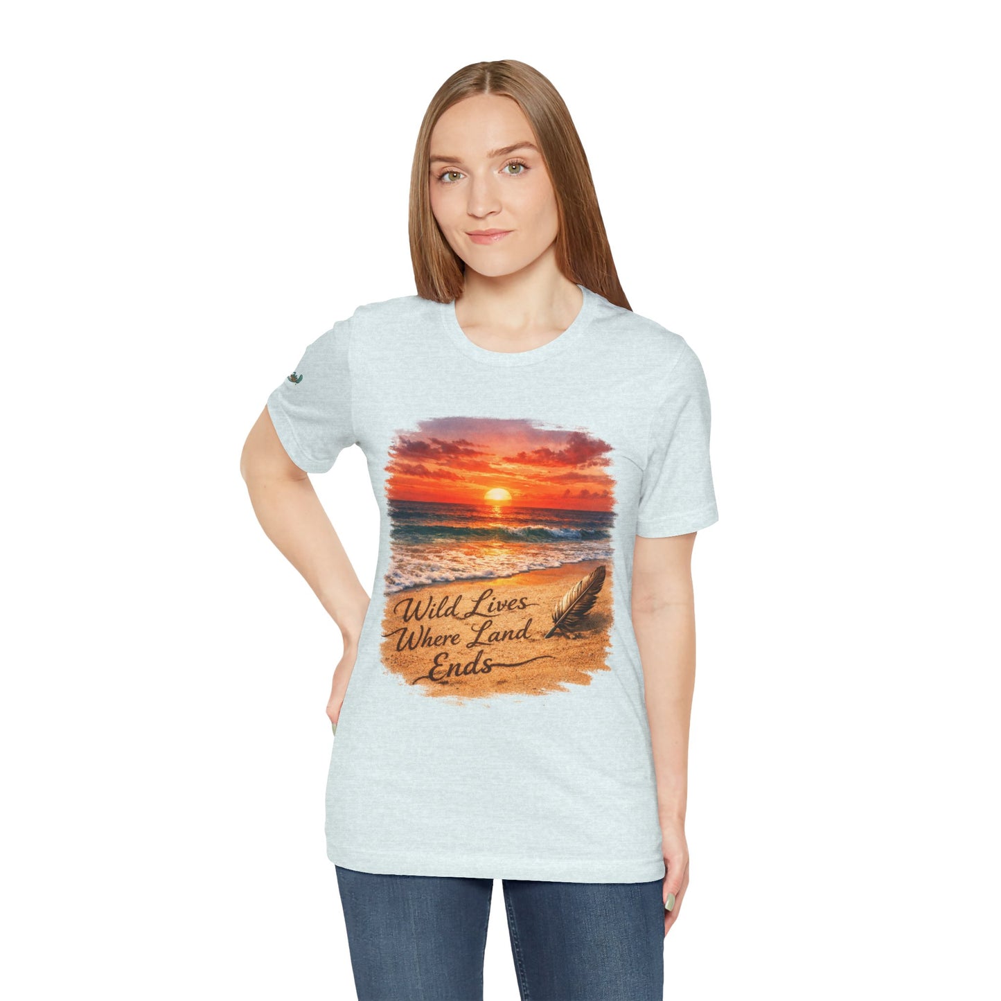 Light heather crew-neck t-shirt with sunset beach graphic and coastal text on chest
