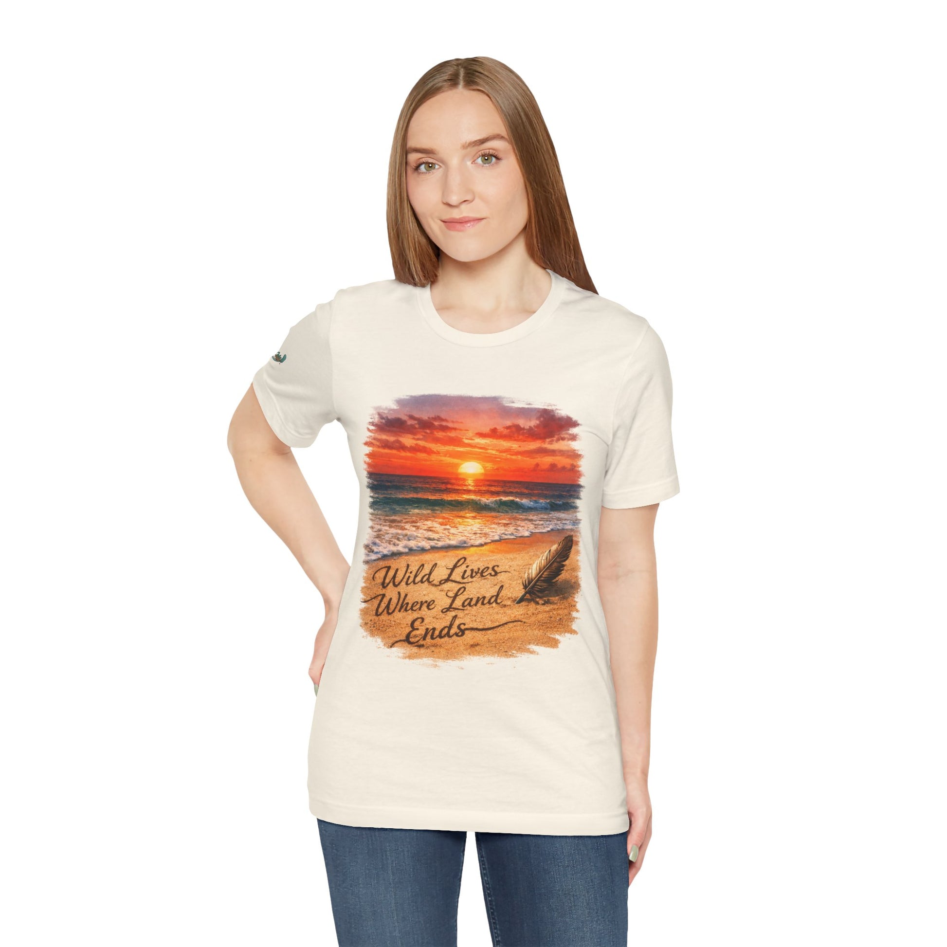 Natural cream crew-neck t-shirt with sunset beach graphic and coastal text on chest