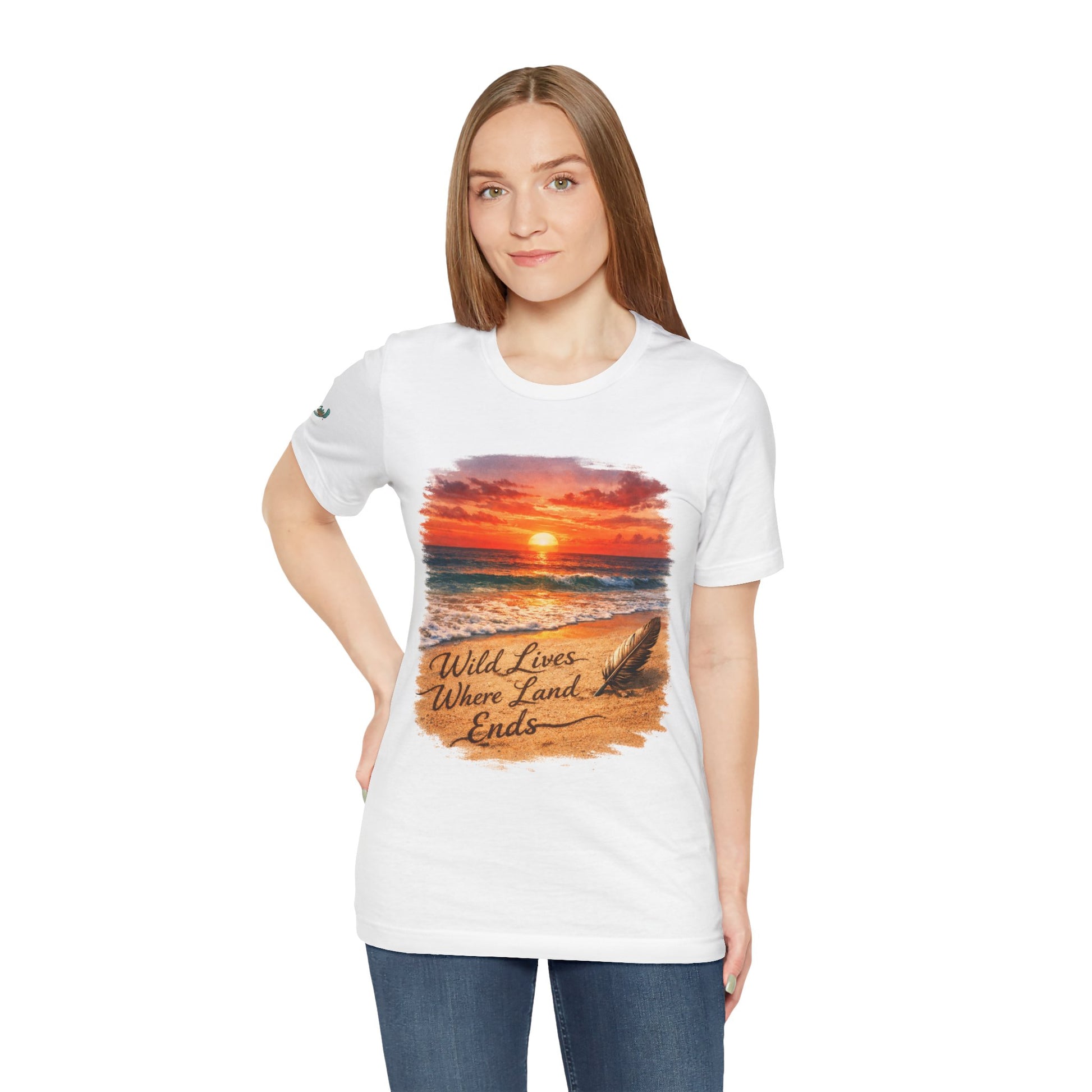 Bright white crew-neck t-shirt with sunset beach graphic and coastal text on chest